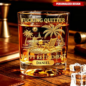 Personalized Name "Happy Retirement" Whiskey Glass - Gold Beach Scene