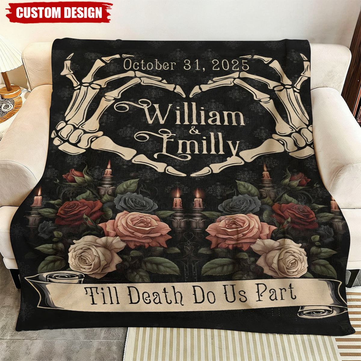 Custom Gothic "Till Death Do Us Part" Skeleton Heart Blanket – Personalized Couple Gift