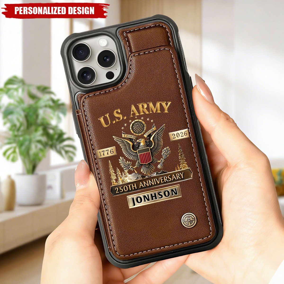 Personalized U.S. Army Leather Wallet Phone Case - Custom Name Military Veteran Gift