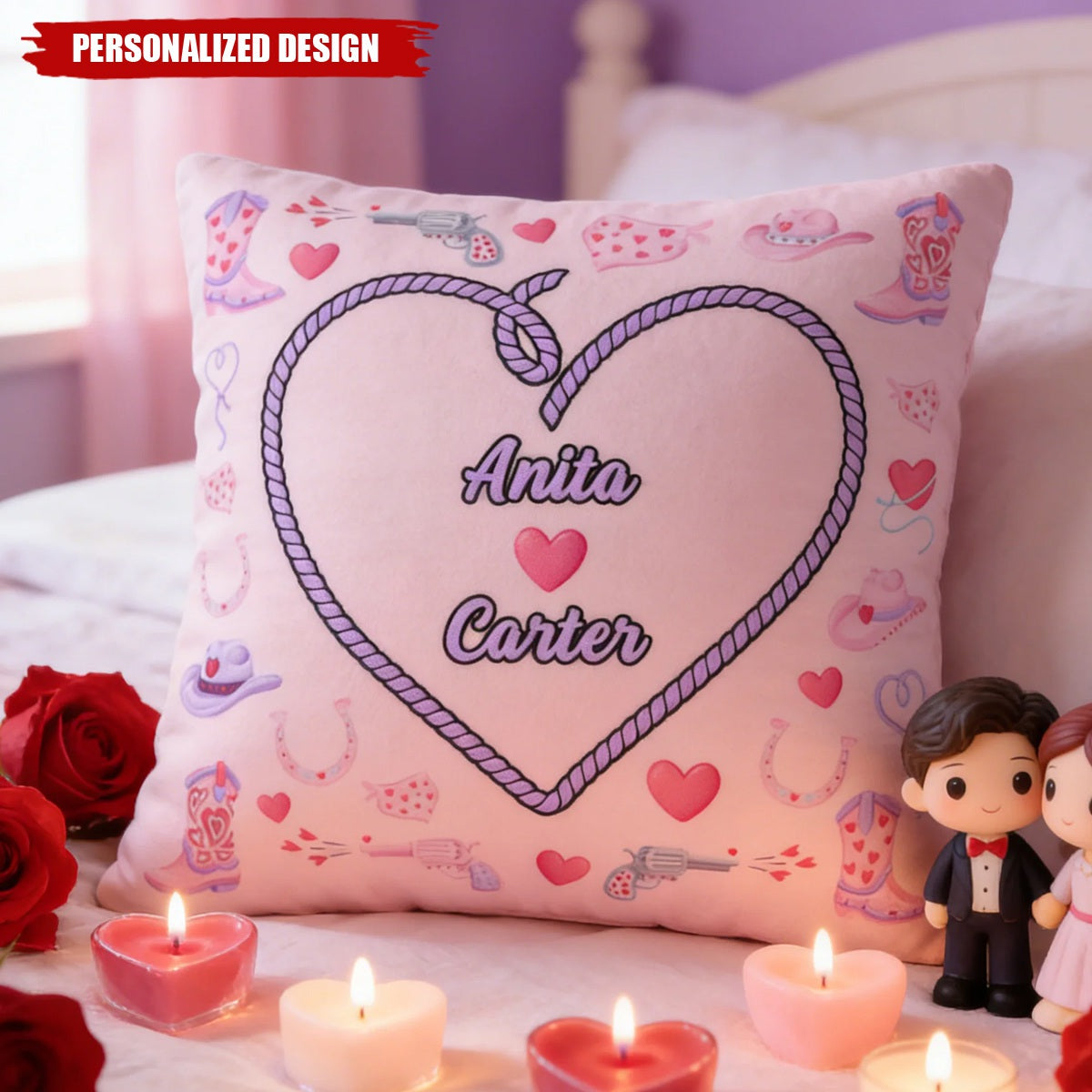 Personalized Cowgirl Heart Couple Pillow — Custom Name Valentine’s Decor