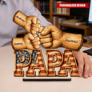 Personalized Patriotic Dad Wooden Plaque - Custom Kid Names Fist Bump Decor