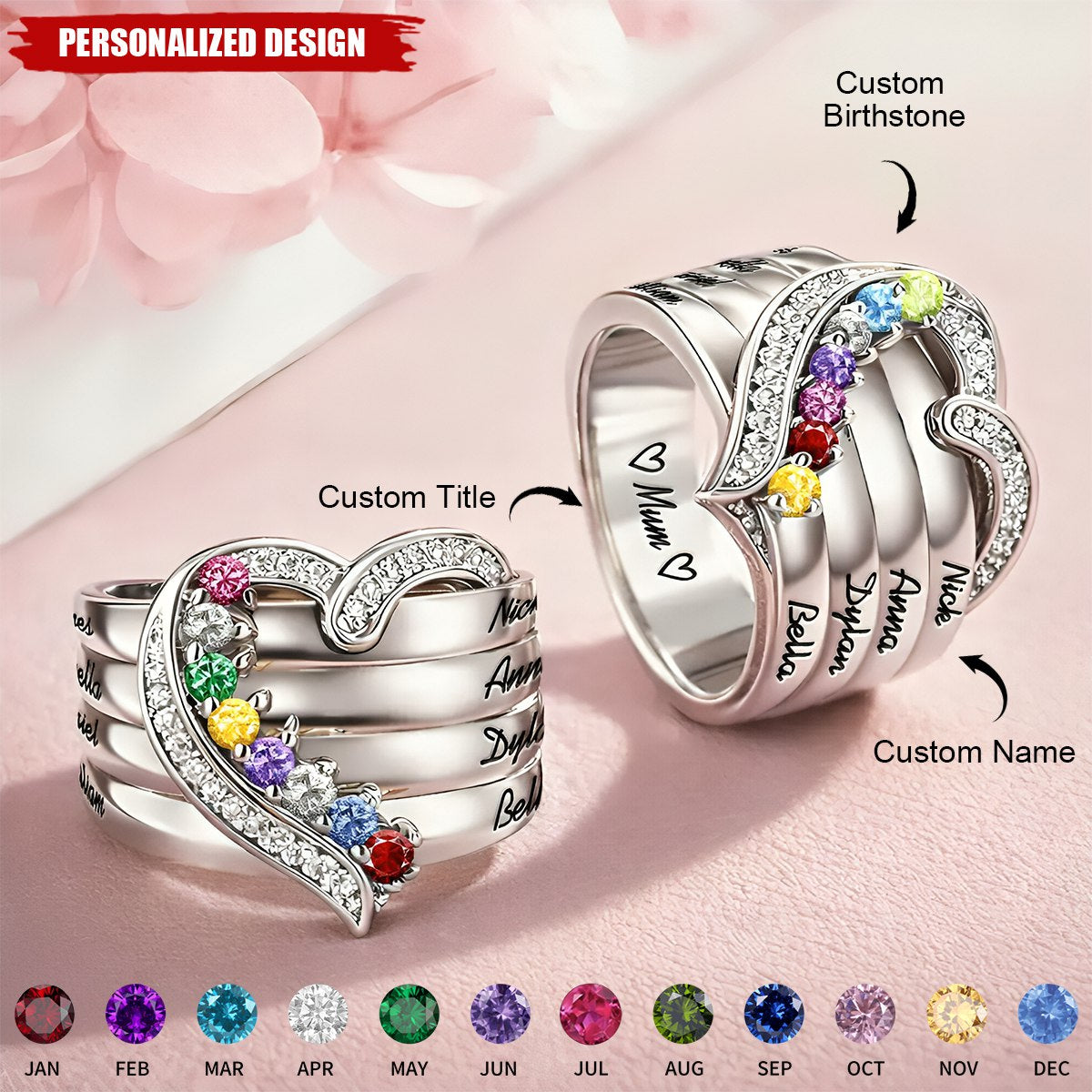 Personalized Heart Birthstone Ring – Gift for Mom, Grandma