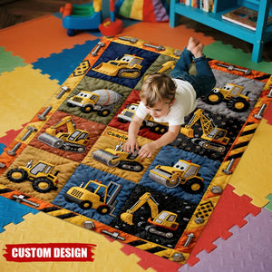 Custom Construction Truck Quilt Blanket – Personalized Name Kids’ Bedding