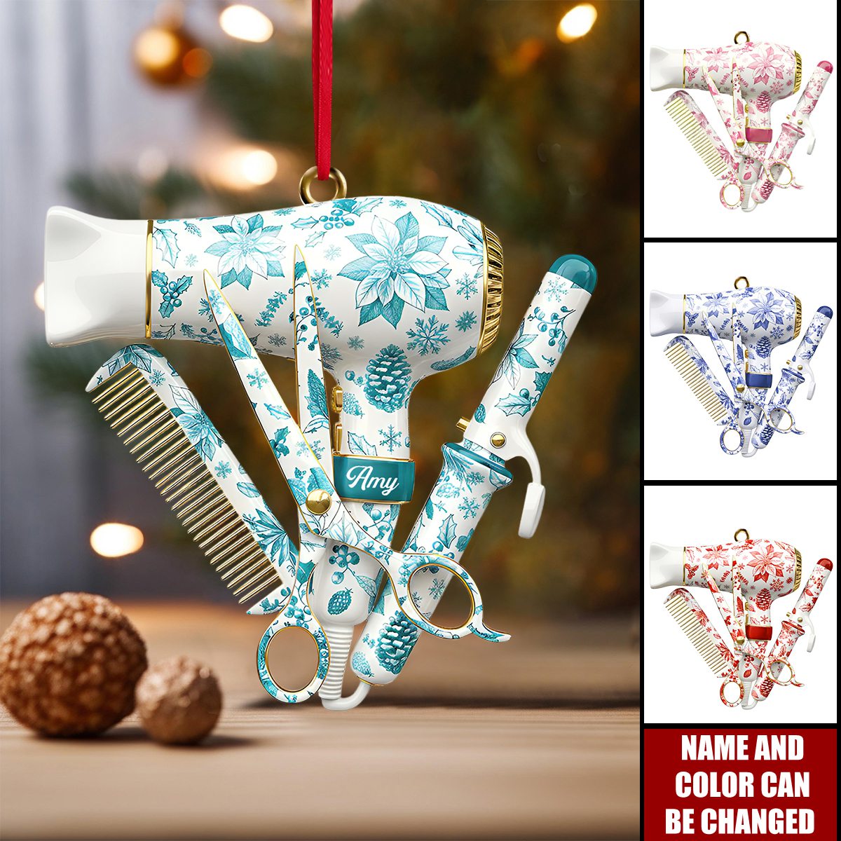 Personalized Hairstylist Christmas Ornament – Custom Name & Color