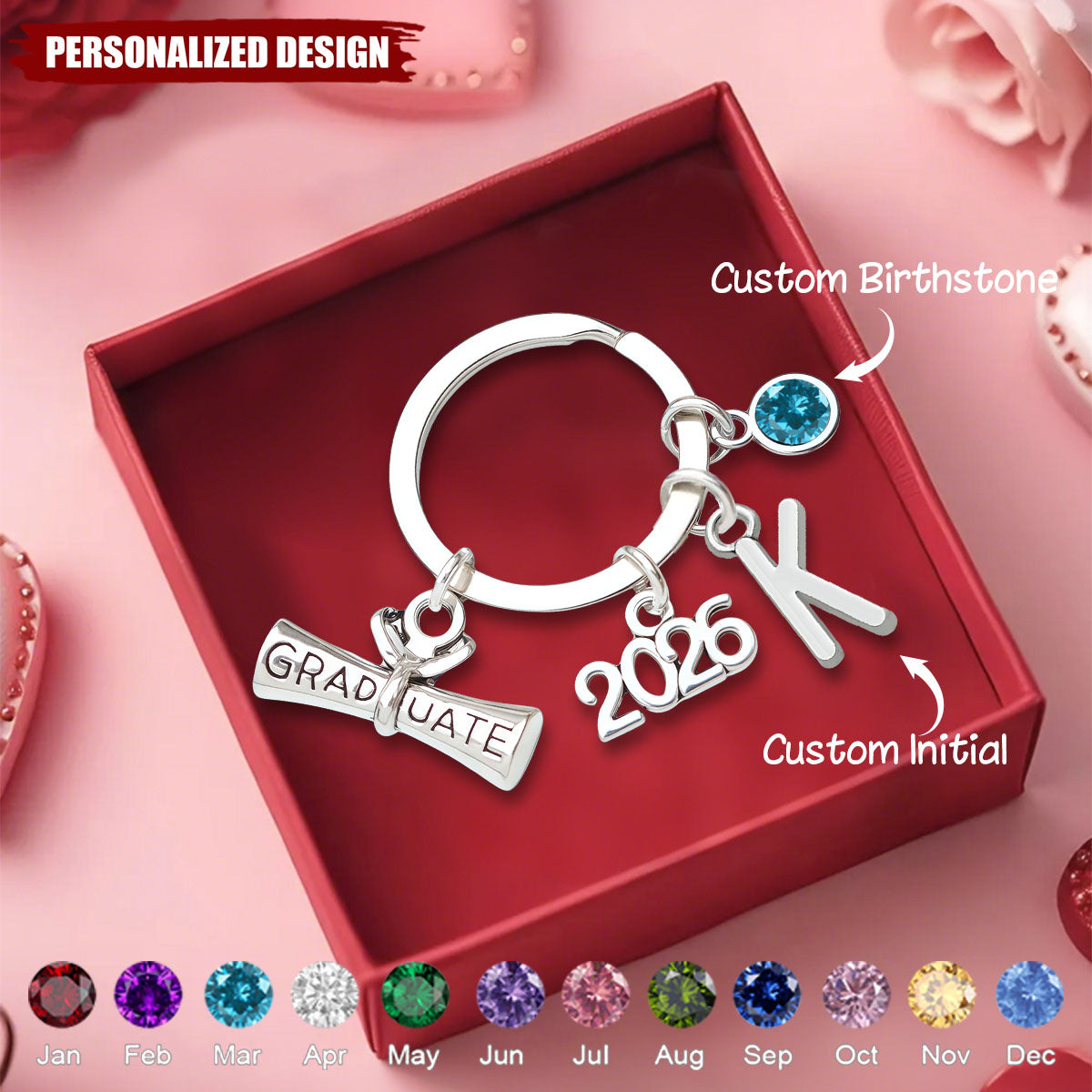 Personalized 2026 Graduation Keychain - Custom Initial & Birthstone Graduate Gift