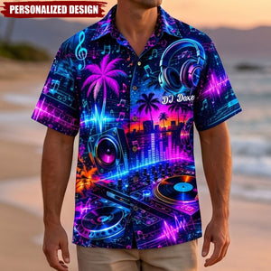 Personalized Neon DJ Turntable Tropical Hawaiian Shirt - Custom DJ Name