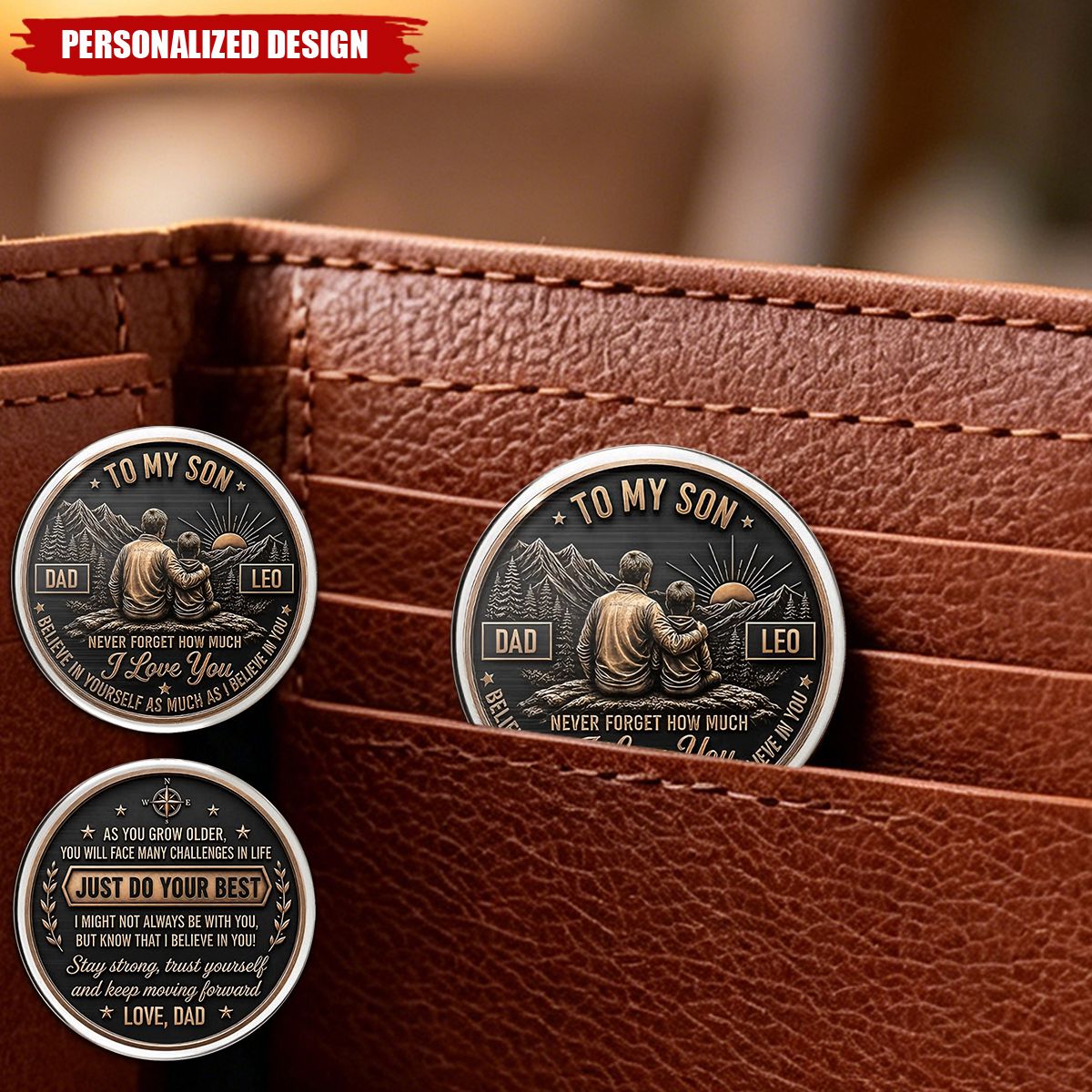 Personalized To My Son Custom Coin With Leather Keychain- Gift From Dad