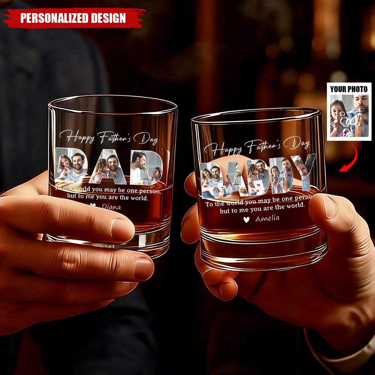 Personalized Photo‑Filled DAD and Sentimental Quote Whiskey Glass -Father's Day Gift