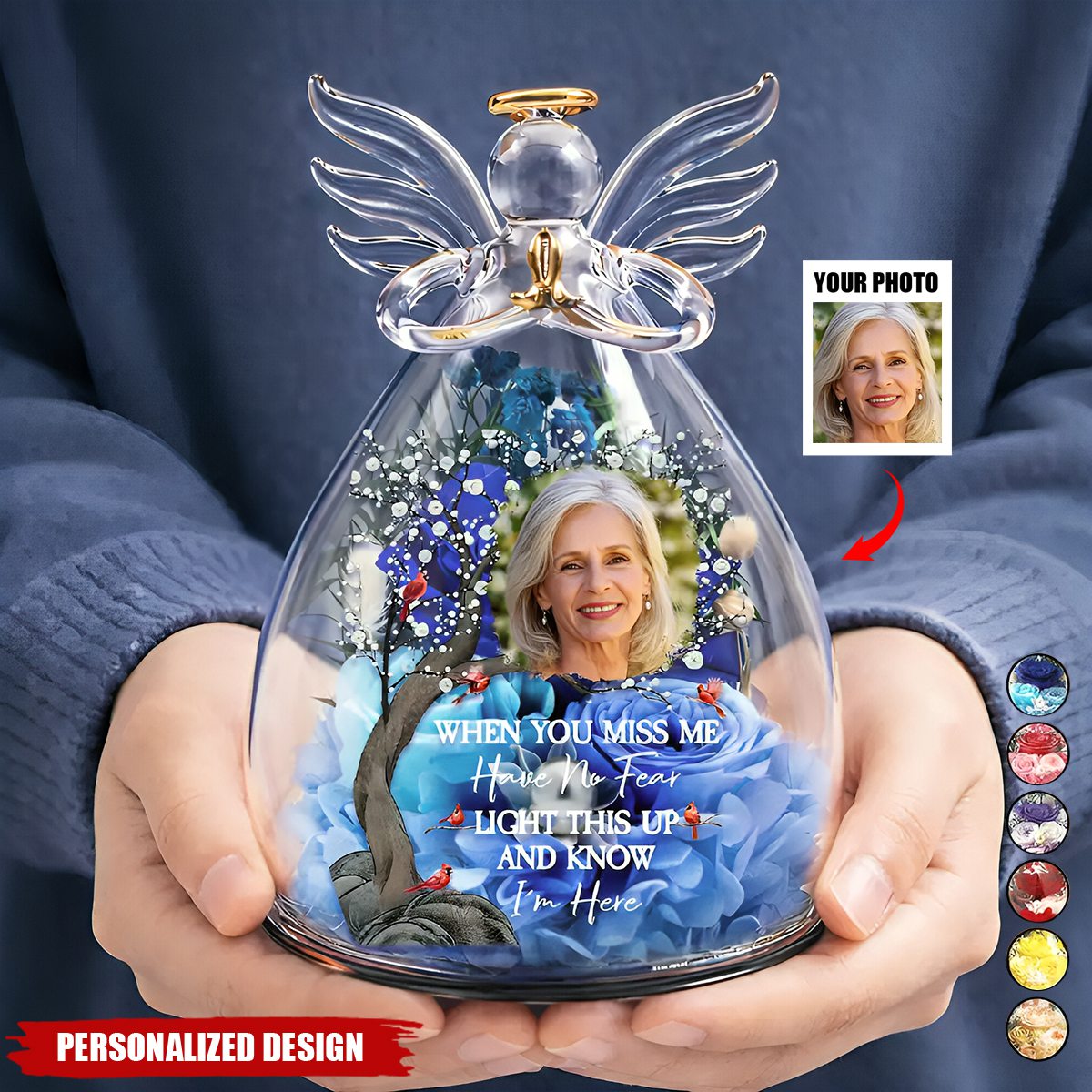 Personalized Flower In Glass Angel Figurine - Custom Photo Memorial Gift