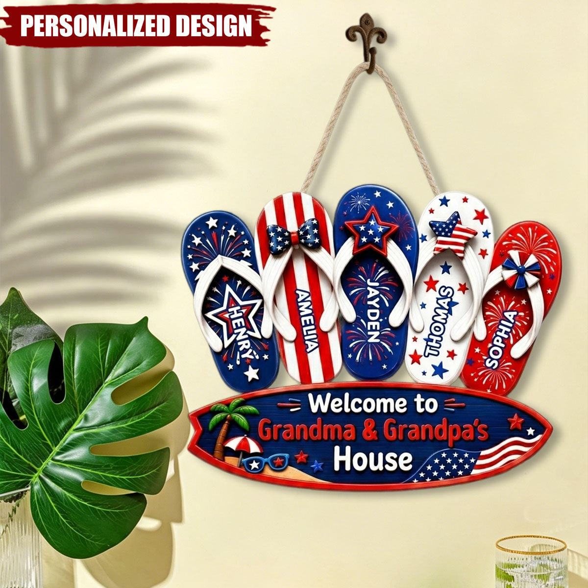 Personalized Patriotic Flip Flop USA Flag Welcome Door Sign