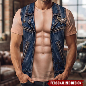 Personalized Punk Biker Optical Illusion Denim Sleeveless Vest Graphic Unisex T-Shirt