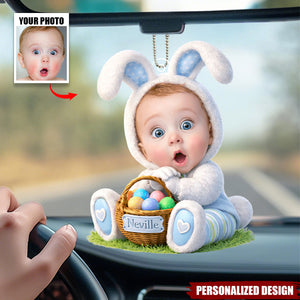 Personalized Easter Bunny Baby Car Ornament - Custom Photo & Name Easter Keepsake Hanger