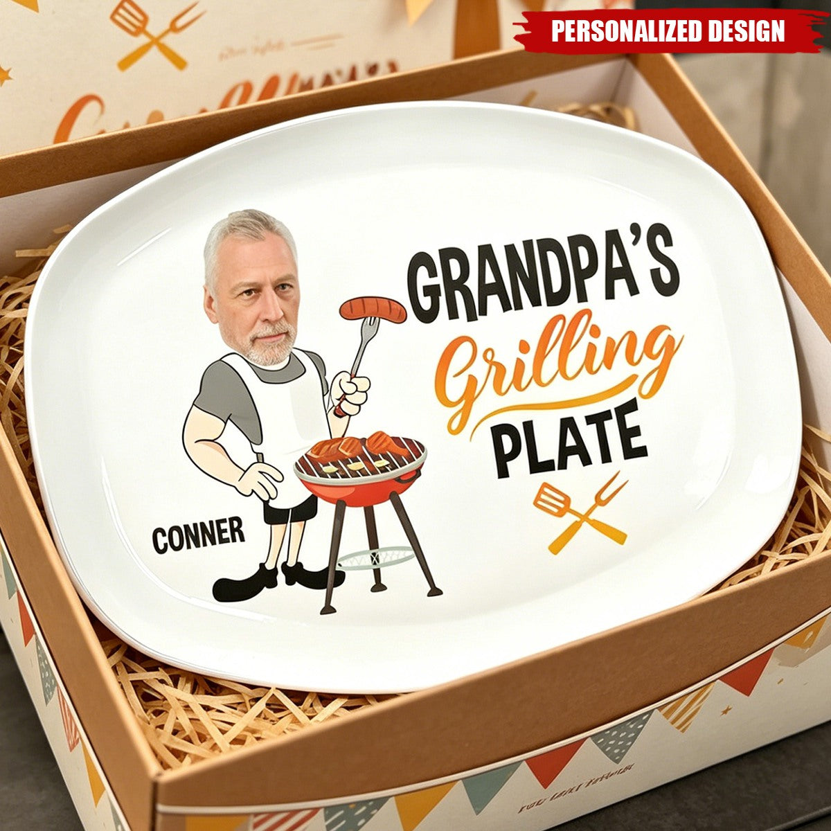 Personalized Grilling Plate, Custom Photo Cartoon BBQ Serving Platter -Gift for father，grandpa