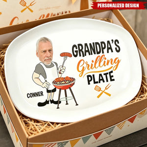 Personalized Grilling Plate, Custom Photo Cartoon BBQ Serving Platter -Gift for father，grandpa