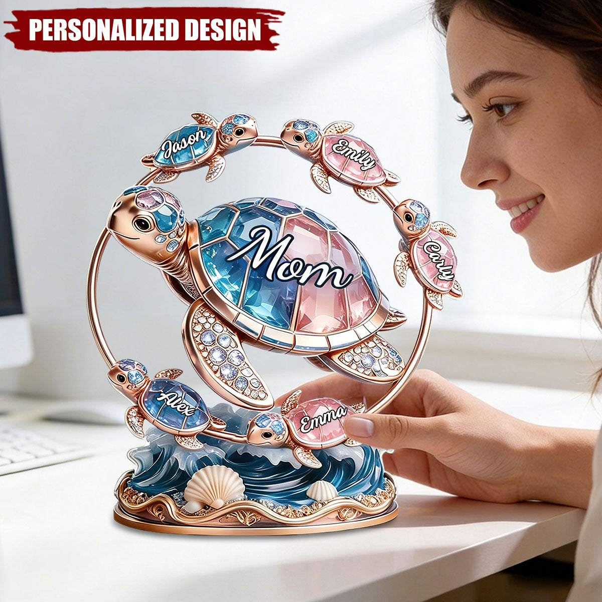 Personalized Mom Sea Turtle Family Desktop Ornament -  Gift for Mom, Mother’s Day Gift