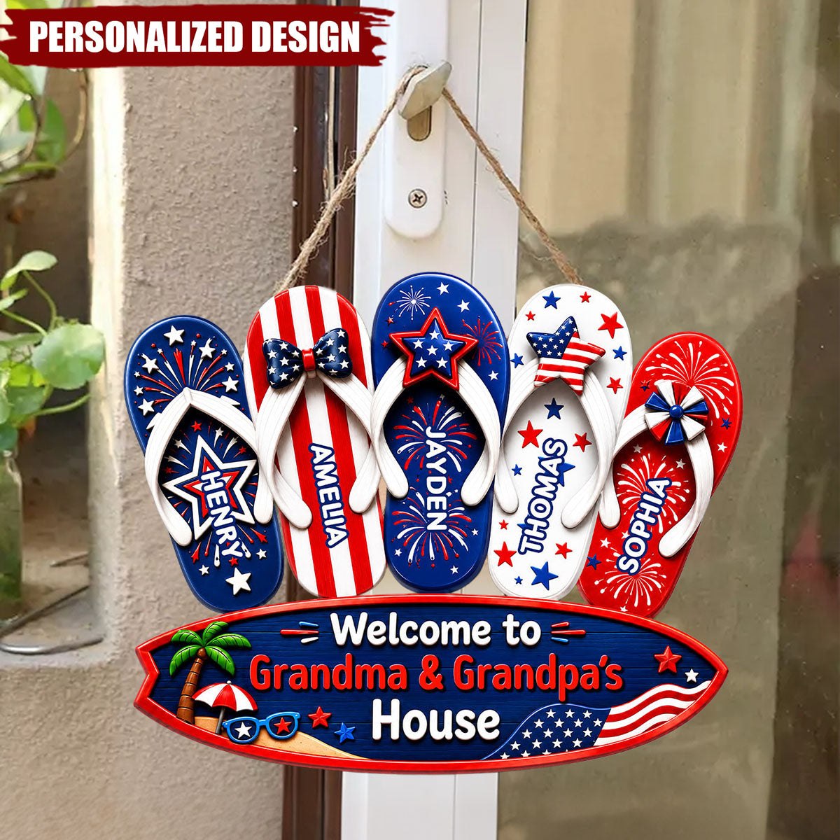 Personalized Patriotic Flip Flop USA Flag Welcome Door Sign