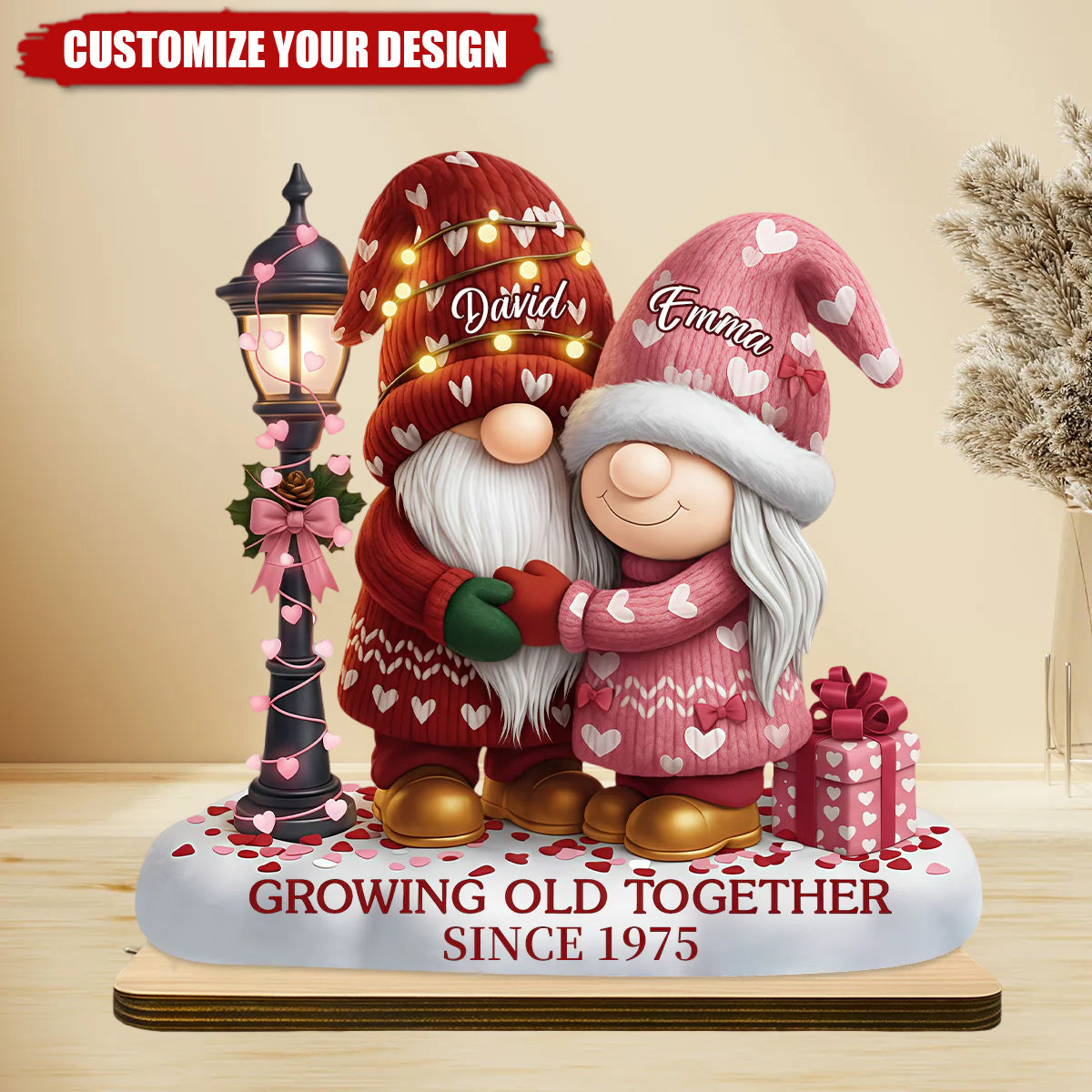 Personalized Wooden Plaque - Growing Old Together With Elderly Couple And Hearts