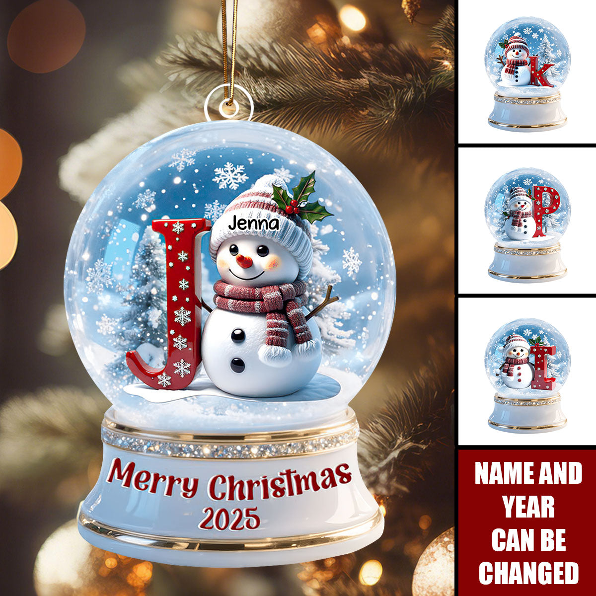 Personalized Snowman Initial Snow Globe Ornament – Custom Name & Year Christmas Gift