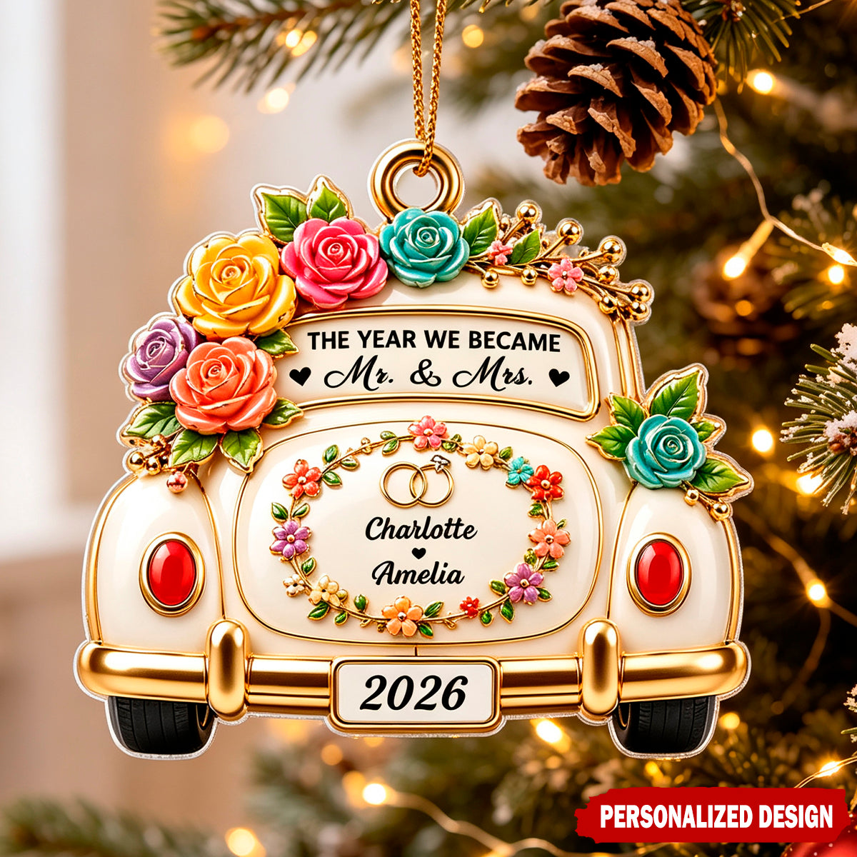 Personalized Multicolor Rose Vintage Wedding Car Flat Acrylic Ornament