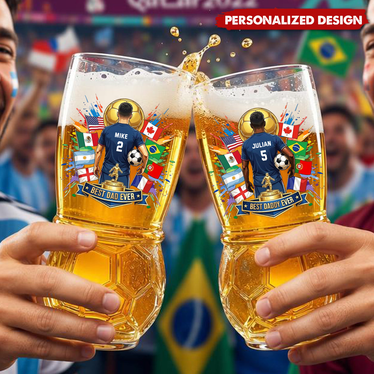 Personalized Best Dad Ever Soccer Beer Glass - Custom Name Number