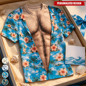 Personalized Men's Funny Fake Open Optical Illusion Tropical Print Crew Neck T-Shirt