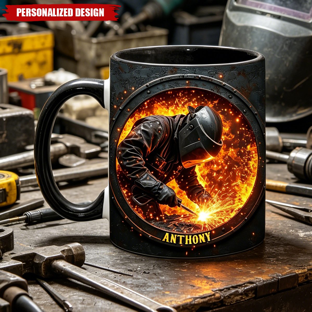 Personalized Welder Coffee Mug - Custom Name Fiery Welding Mug