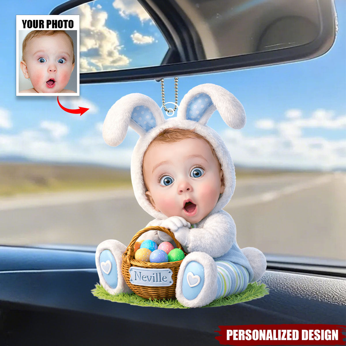 Personalized Easter Bunny Baby Car Ornament - Custom Photo & Name Easter Keepsake Hanger