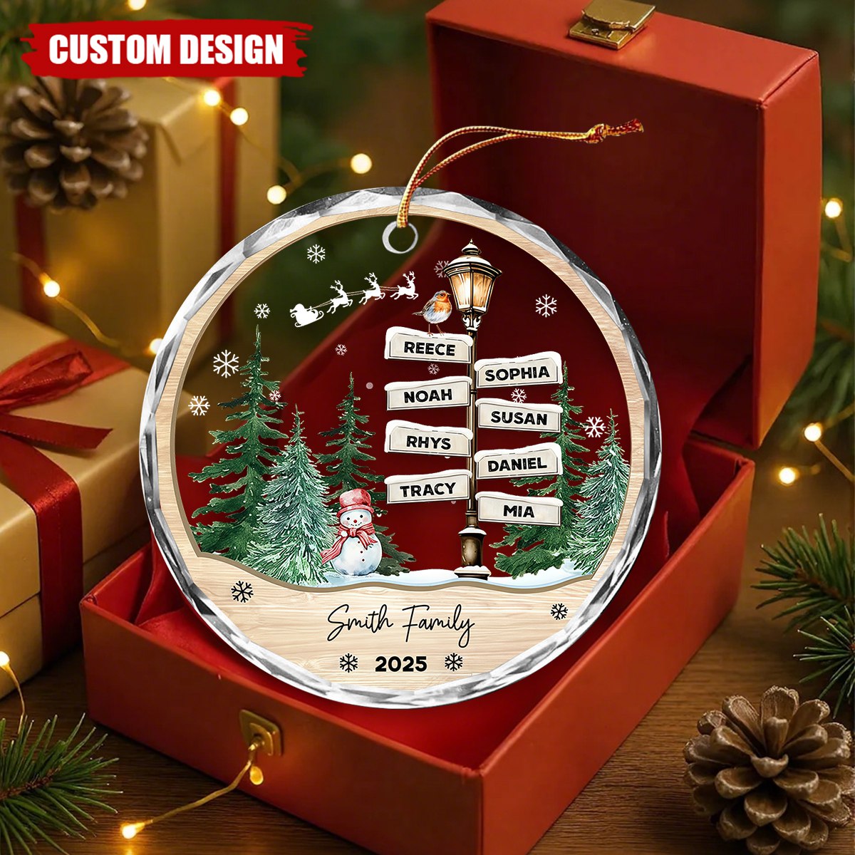 Personalized Family Name Street Sign Glass Christmas Ornament – Custom 2025 Holiday Keepsake