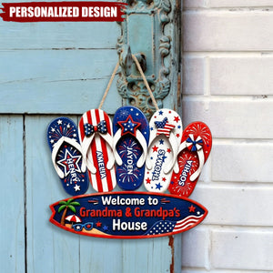 Personalized Patriotic Flip Flop USA Flag Welcome Door Sign