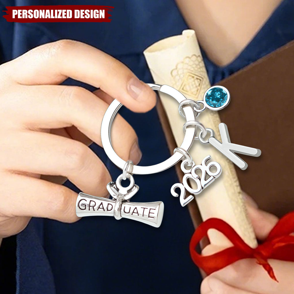 Personalized 2026 Graduation Keychain - Custom Initial & Birthstone Graduate Gift