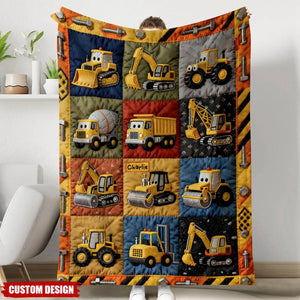Custom Construction Truck Quilt Blanket – Personalized Name Kids’ Bedding