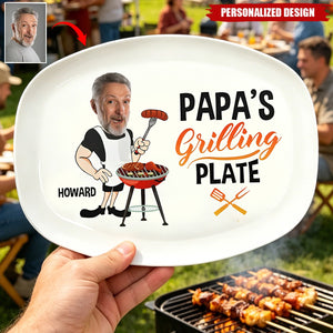 Personalized Grilling Plate, Custom Photo Cartoon BBQ Serving Platter -Gift for father，grandpa