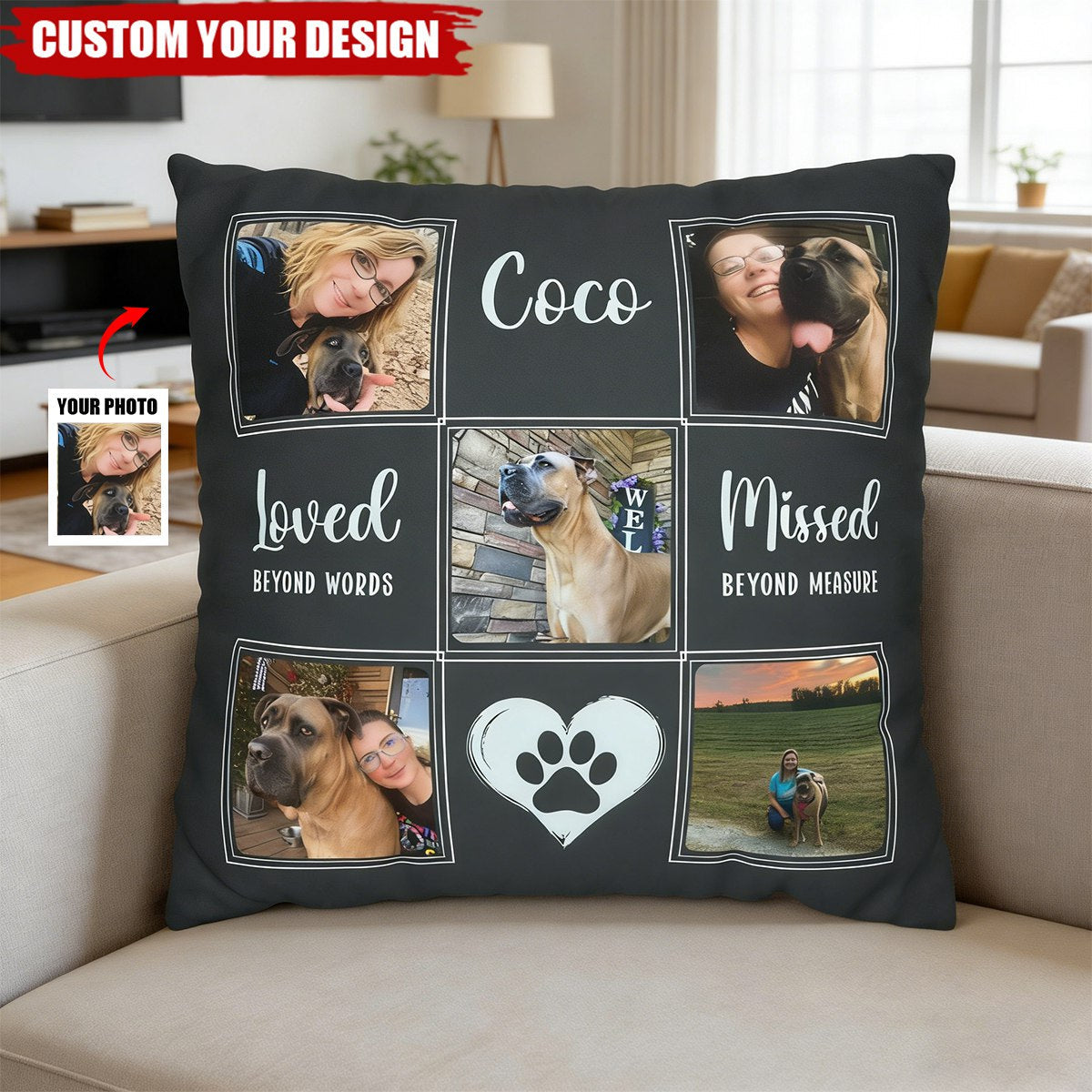 Custom Pet Memorial Photo Pillow – Personalized Dog/Cat Name & Photo Collage Pillow