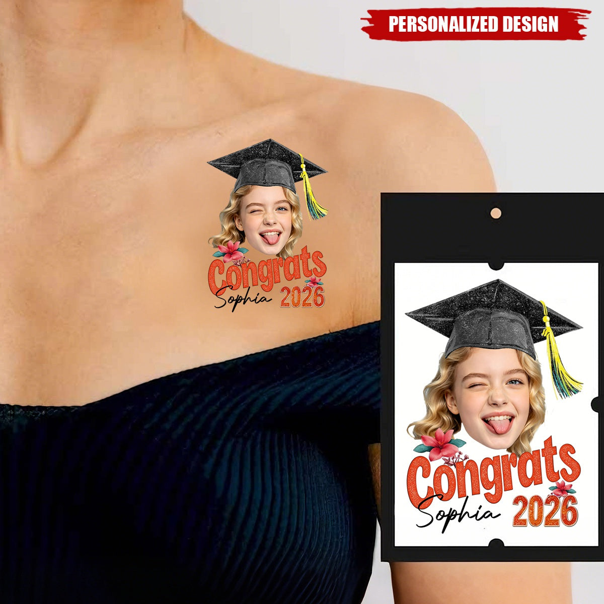 Personalized Graduation Face Temporary Tattoo - Congrats, Graduation Senior Tattoo Gift