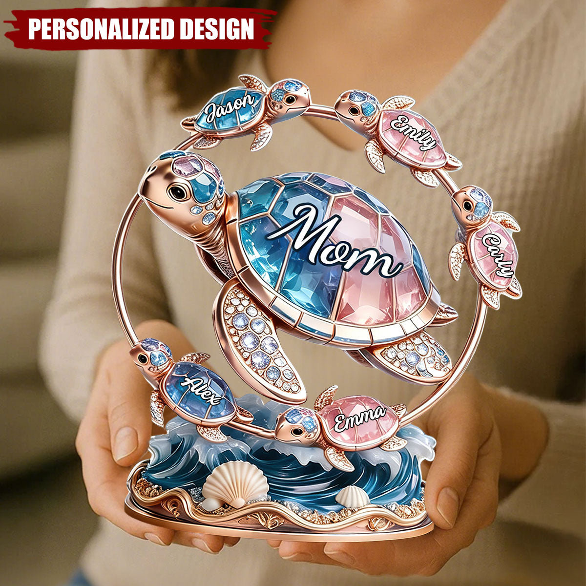 Personalized Mom Sea Turtle Family Desktop Ornament -  Gift for Mom, Mother’s Day Gift