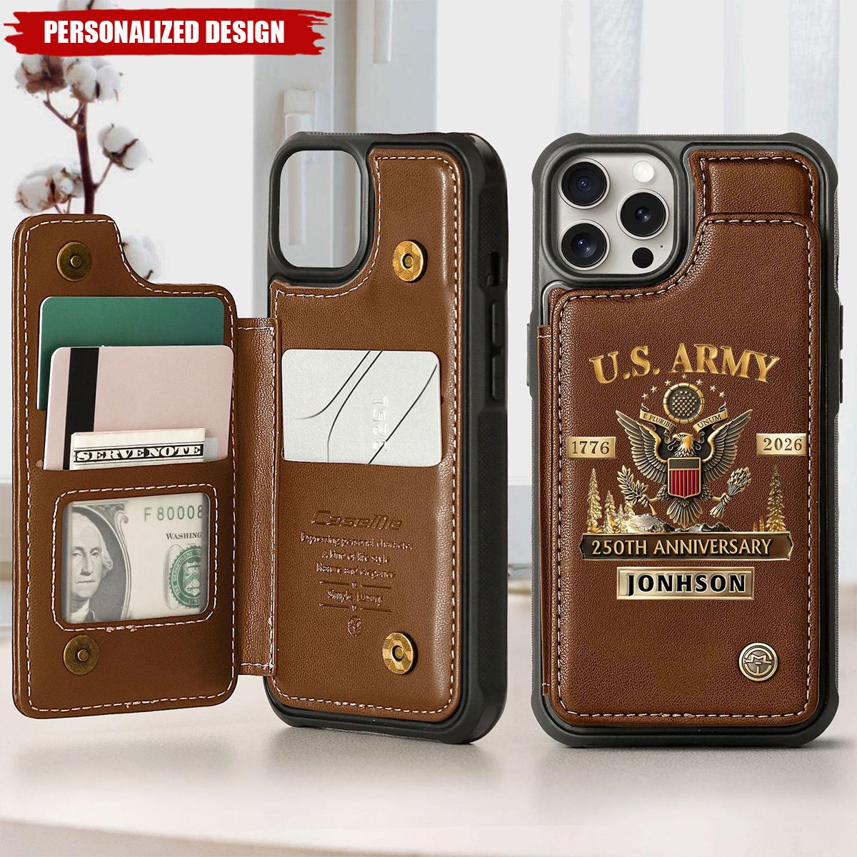 Personalized U.S. Army Leather Wallet Phone Case - Custom Name Military Veteran Gift