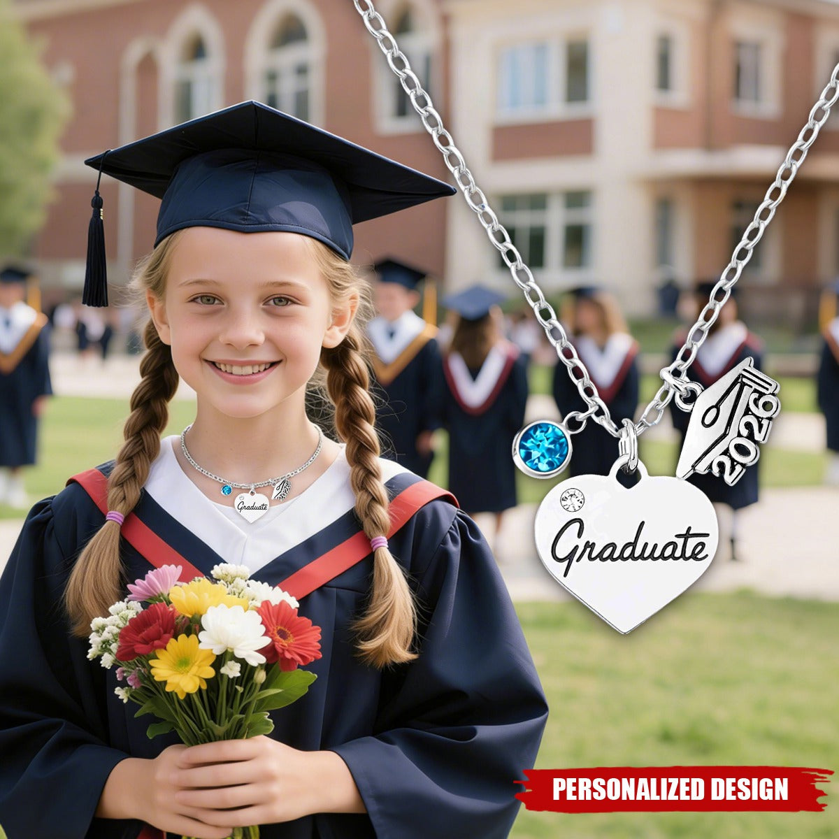 Personalized Graduation Heart Necklace - Class of 2026 Gift for Graduate