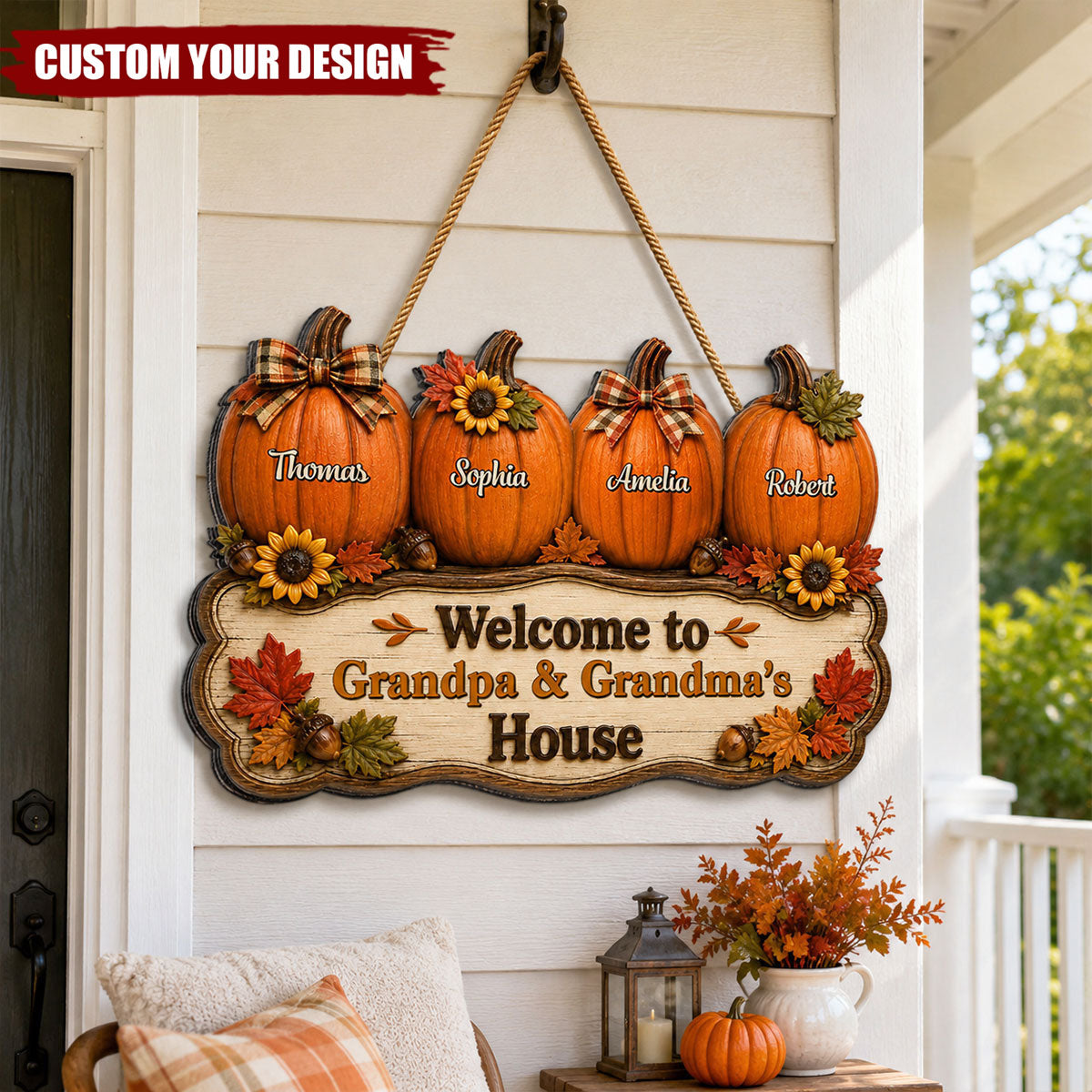 Personalized Fall Pumpkin Welcome Door Sign - Halloween Gift, Autumn Harvest Gift