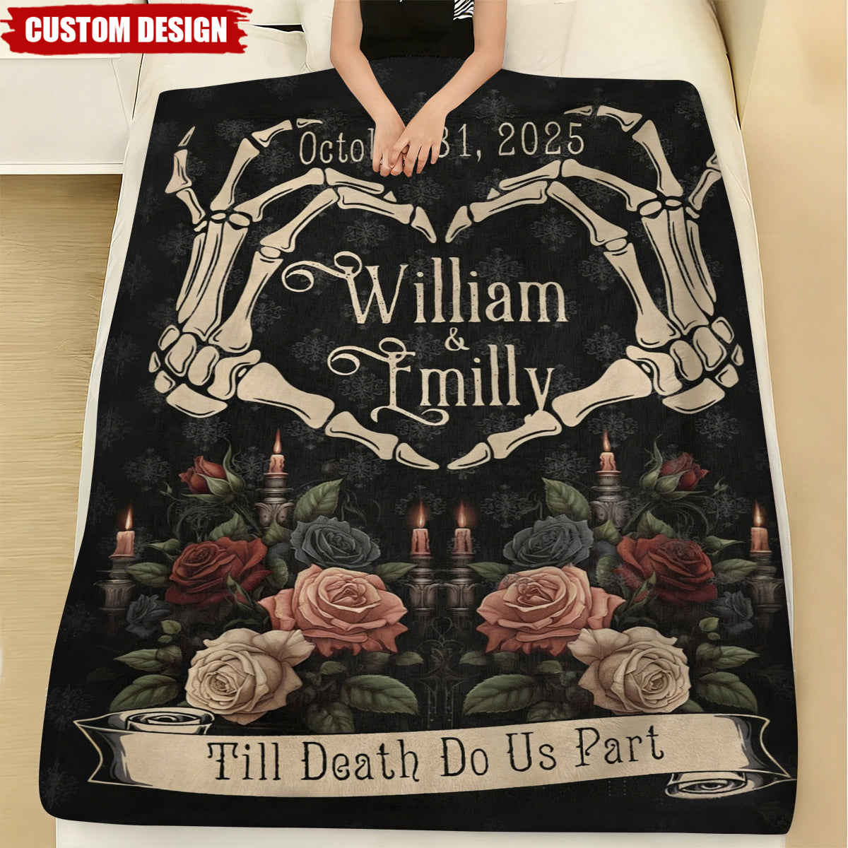 Custom Gothic "Till Death Do Us Part" Skeleton Heart Blanket – Personalized Couple Gift