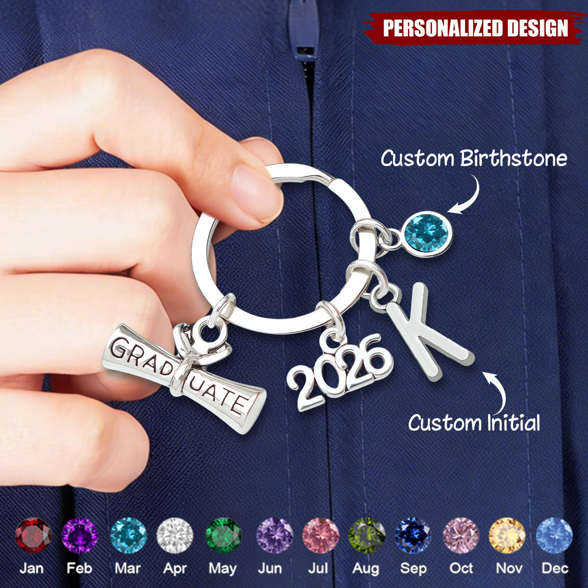 Personalized 2026 Graduation Keychain - Custom Initial & Birthstone Graduate Gift