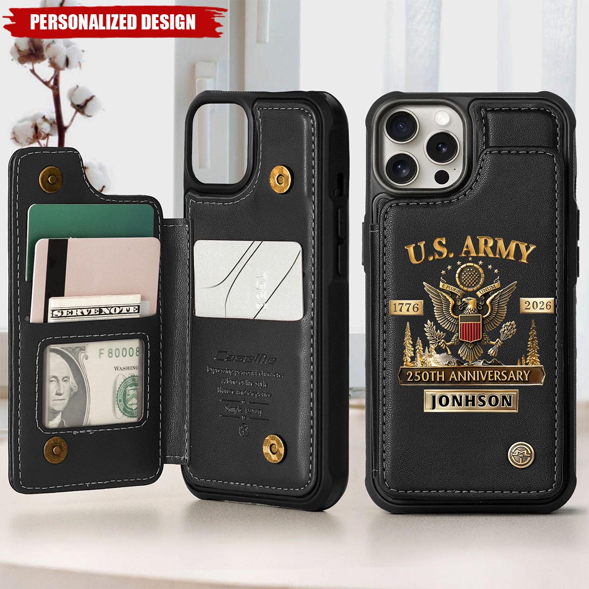 Personalized U.S. Army Leather Wallet Phone Case - Custom Name Military Veteran Gift