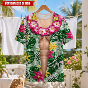 Personalized Optical Illusion Open Hawaiian Floral Shirt & Muscular Abs Men’s T-Shirt