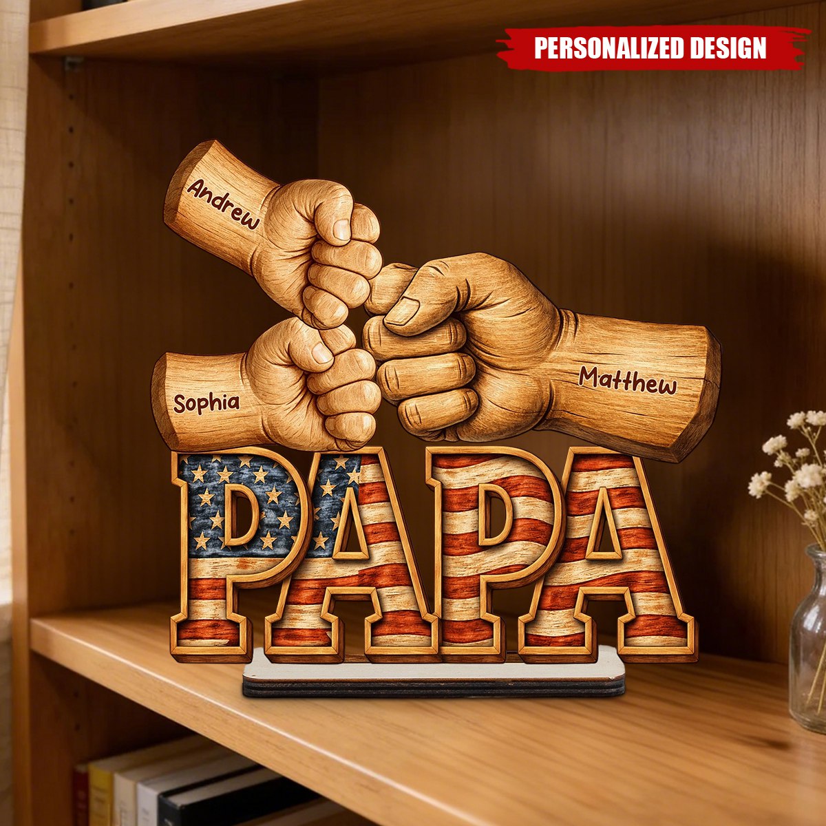 Personalized Patriotic Dad Wooden Plaque - Custom Kid Names Fist Bump Decor
