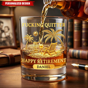 Personalized Name "Happy Retirement" Whiskey Glass - Gold Beach Scene