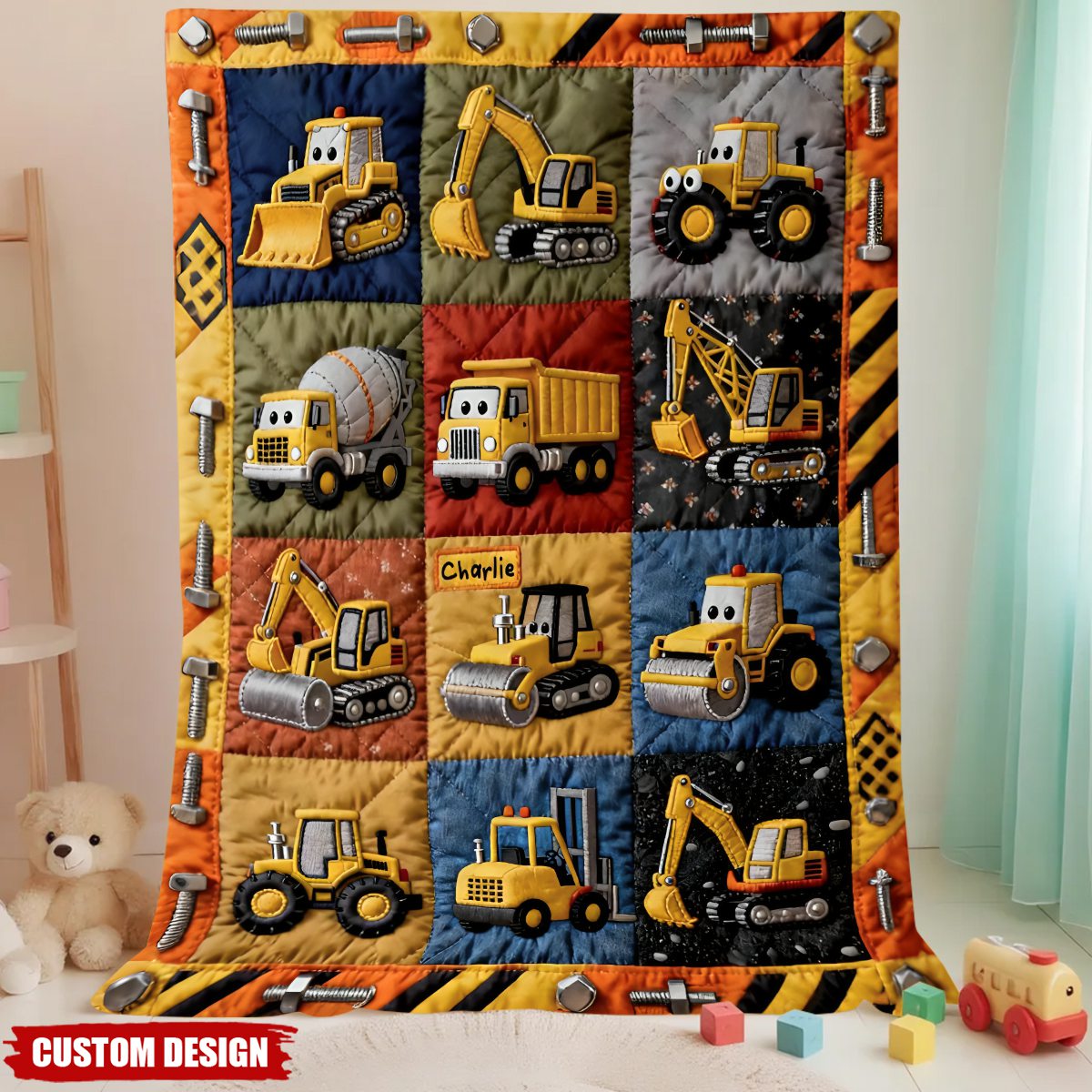 Custom Construction Truck Quilt Blanket – Personalized Name Kids’ Bedding