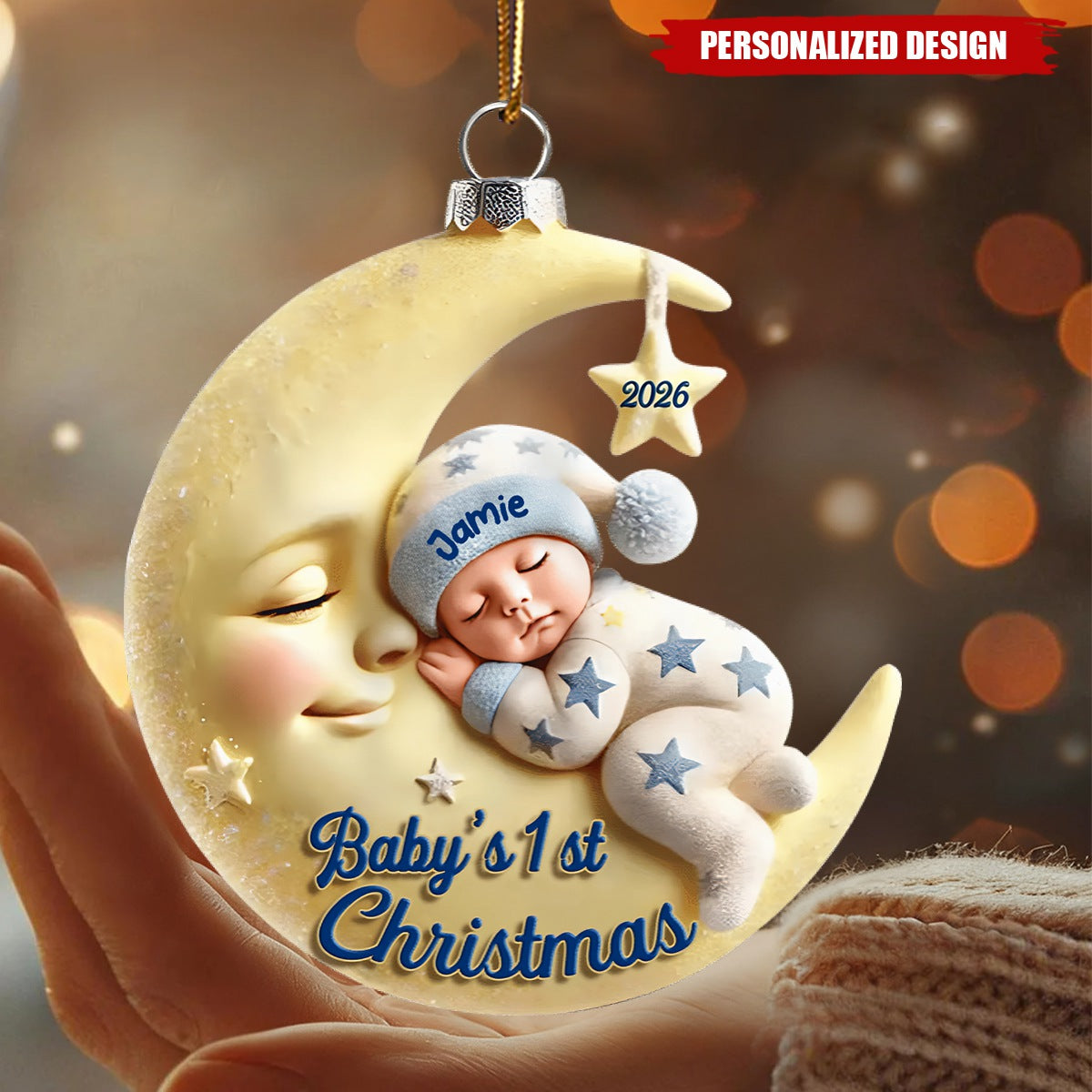 Personalized Baby’s First Christmas Moon Baby Acrylic Ornament - Custom Name