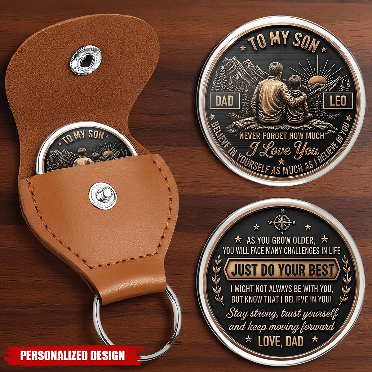 Personalized To My Son Custom Coin With Leather Keychain- Gift From Dad