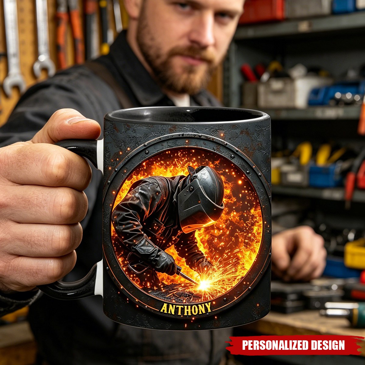 Personalized Welder Coffee Mug - Custom Name Fiery Welding Mug