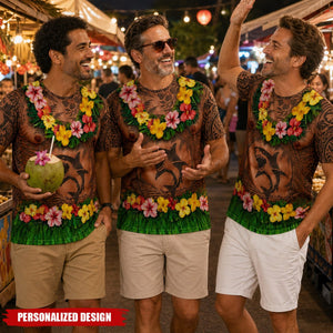 Personalized Optical Illusion Hawaiian Luau Shark Tribal Tattoo Torso Men’s Novelty T-Shirt