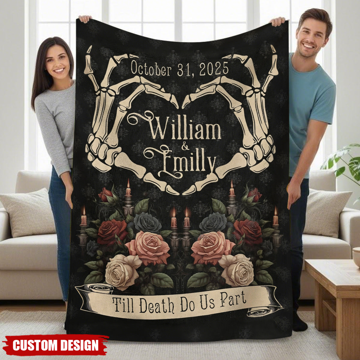 Custom Gothic "Till Death Do Us Part" Skeleton Heart Blanket – Personalized Couple Gift